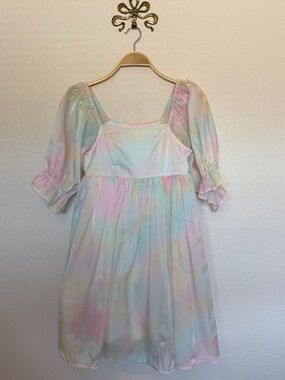 Pastel Tie-Dye Puff Sleeve Mini Dress
